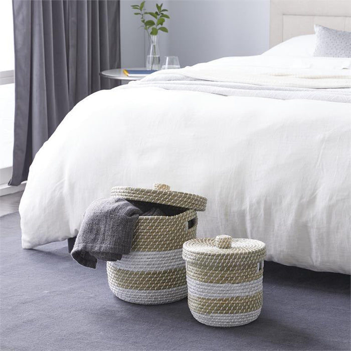 BROWN SEAGRASS HANDMADE TWO TONED STORAGE BASKET WITH MATCHING LIDS