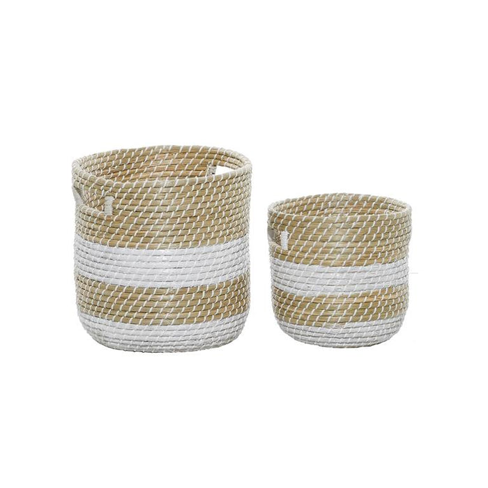 BROWN SEAGRASS HANDMADE TWO TONED STORAGE BASKET WITH MATCHING LIDS