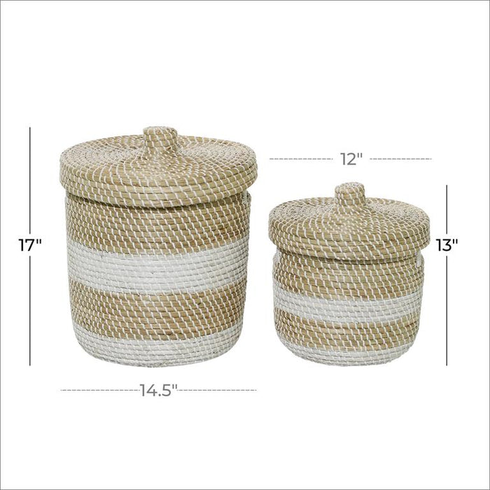 BROWN SEAGRASS HANDMADE TWO TONED STORAGE BASKET WITH MATCHING LIDS