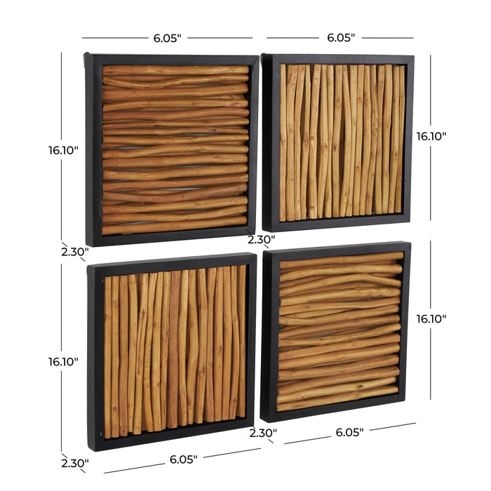 Brown Teak Wood Abstract Handmade Home Wall Decor with Horizontal Sticks and Black Frames