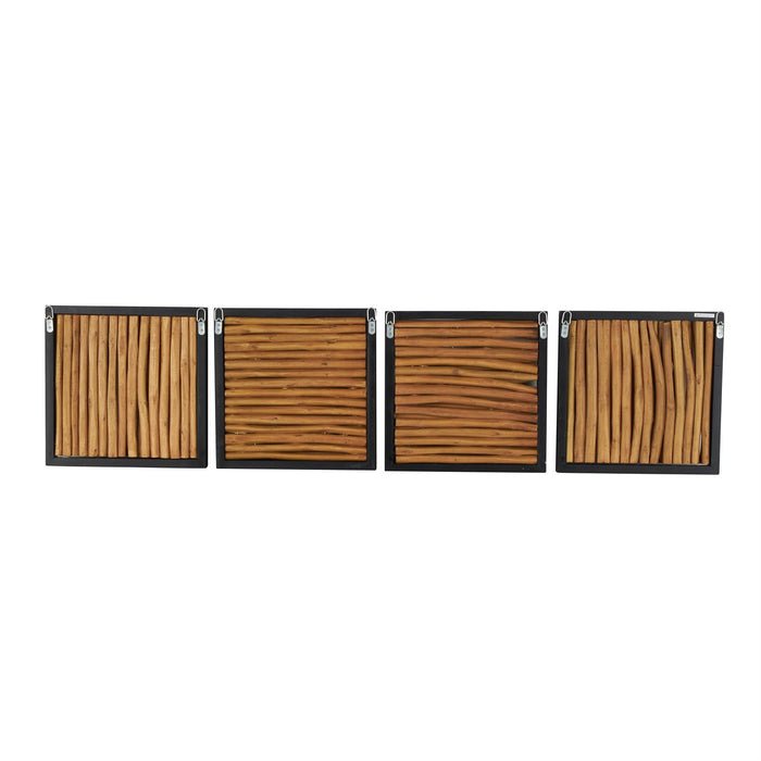 Brown Teak Wood Abstract Handmade Home Wall Decor with Horizontal Sticks and Black Frames