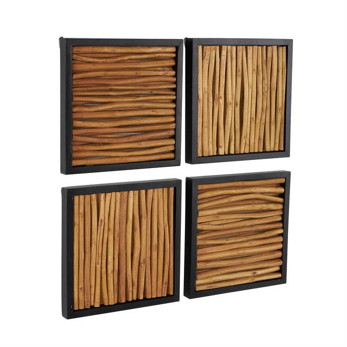 Brown Teak Wood Abstract Handmade Home Wall Decor with Horizontal Sticks and Black Frames