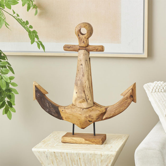 Brown Teak Wood Anchor Handmade Decorative Sculpture with Mosaic Live Edge Pieces