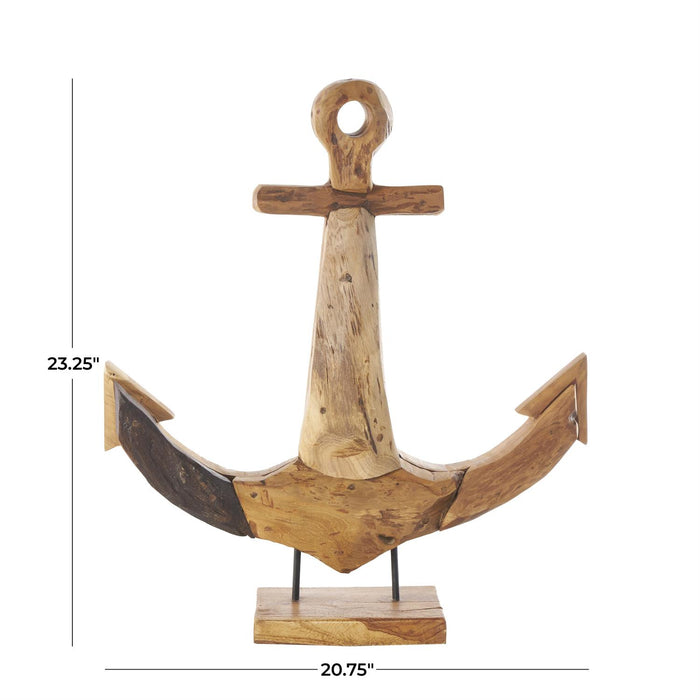 Brown Teak Wood Anchor Handmade Decorative Sculpture with Mosaic Live Edge Pieces