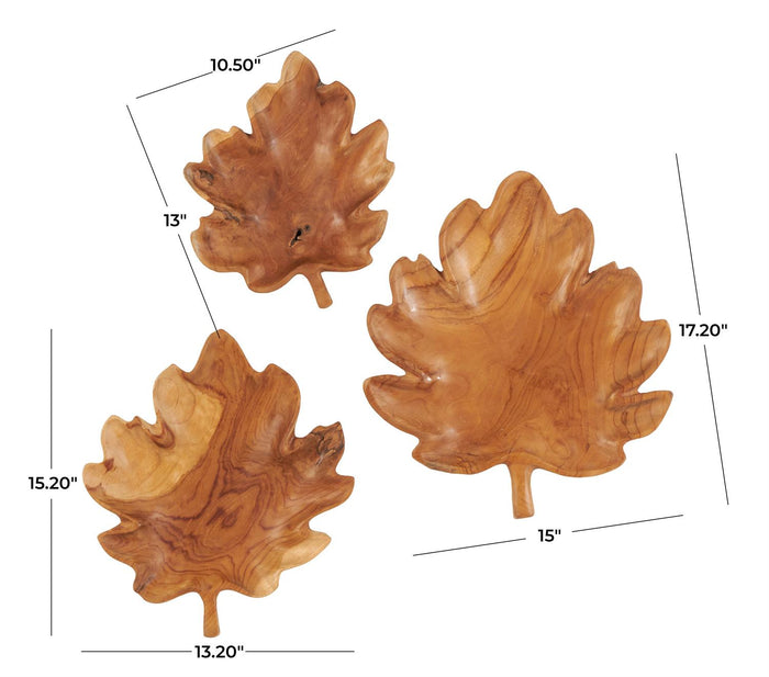Brown Teak Wood Leaf Handmade Carved Living Room Decor Tray
