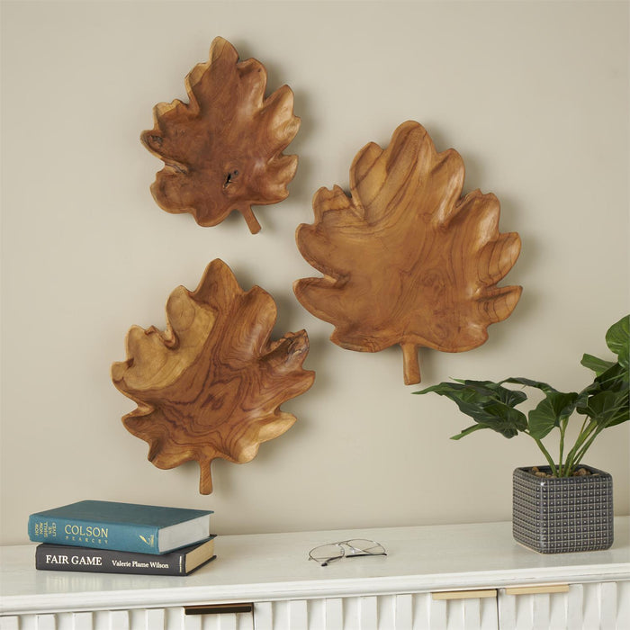 Brown Teak Wood Leaf Handmade Carved Living Room Decor Tray