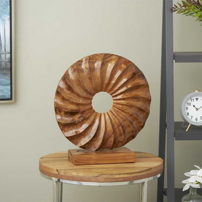 Brown Teak Wood Sun Handmade Dimensional Circular Decorative Sculpture with Center Cutout
