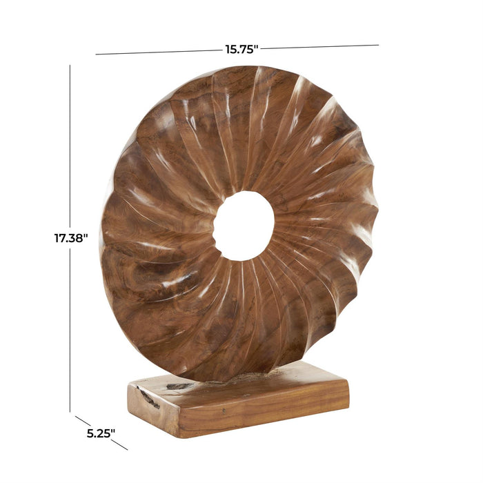Brown Teak Wood Sun Handmade Dimensional Circular Decorative Sculpture with Center Cutout
