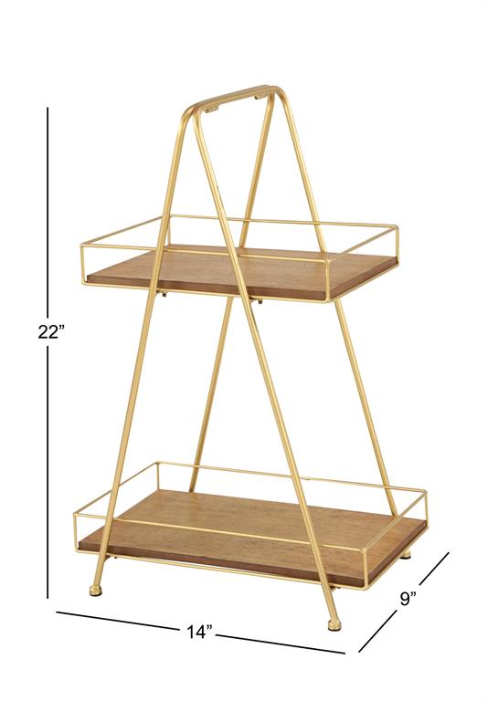 BROWN WOOD 2 TIER TIERED SERVER WITH GOLD FRAME