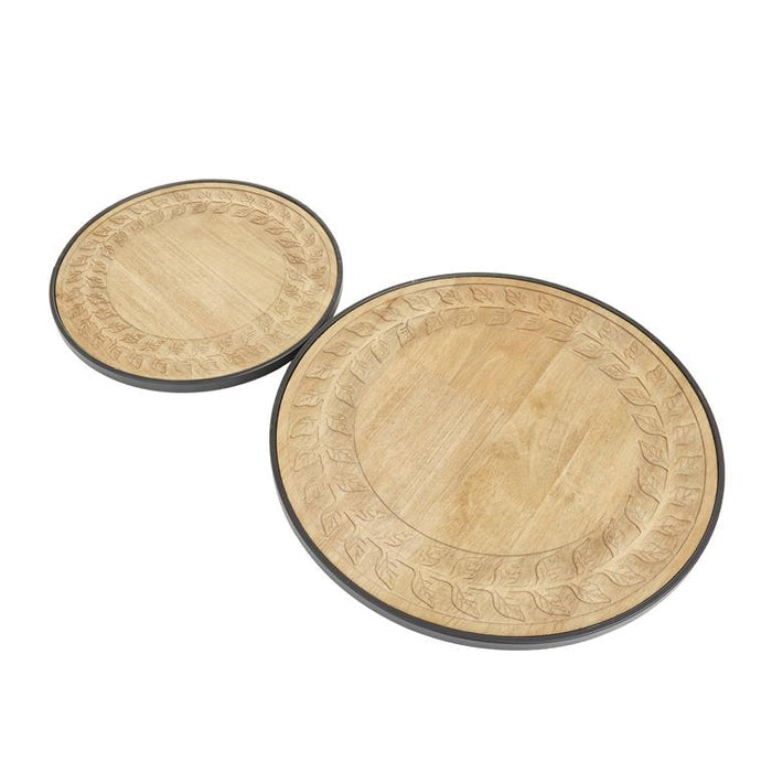 BROWN WOOD FLORAL CARVED LAZY SUSAN