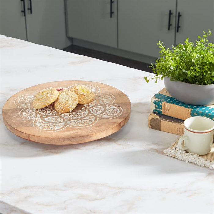 BROWN WOOD FLORAL INTRICATELY CARVED CAKE STAND
