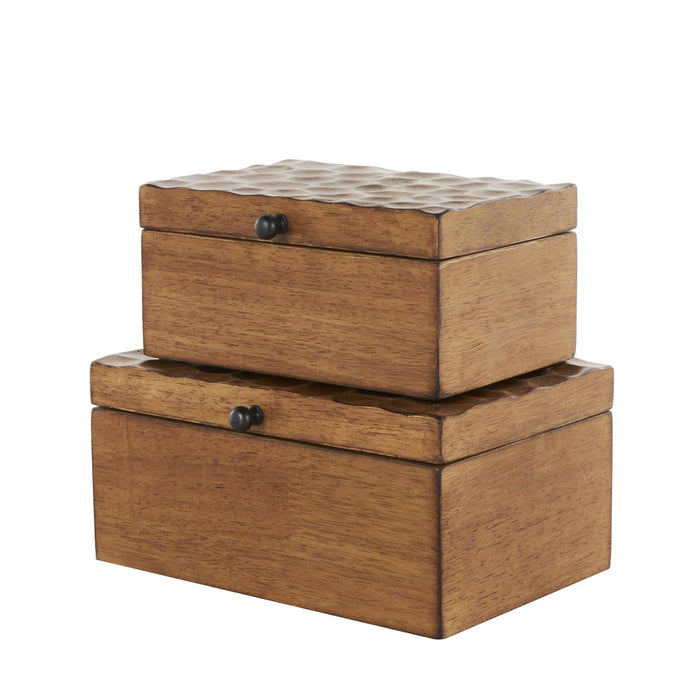 Brown Wood Geometric Textured Concave Honeycomb Storage Decorative Box with Black Knobs,