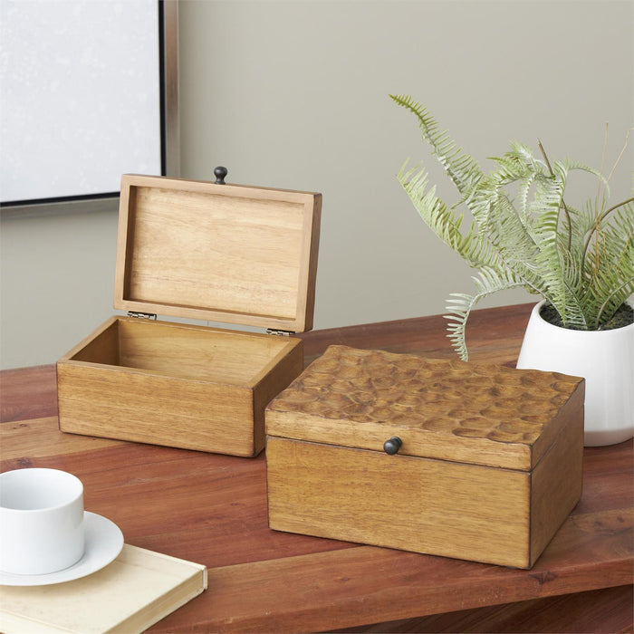 Brown Wood Geometric Textured Concave Honeycomb Storage Decorative Box with Black Knobs,