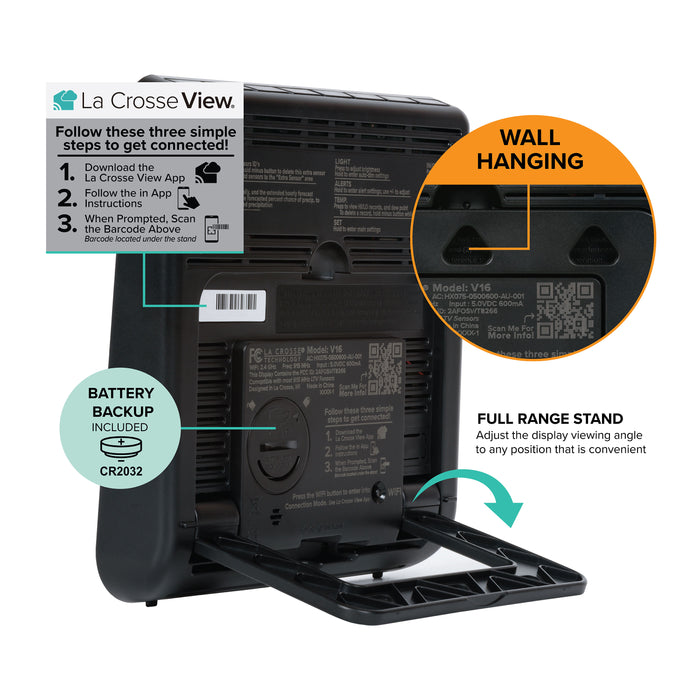 1684344 Shows the back of the main station, highlighting the wall hanging holes, included backup CR2023 battery, full range stand that adjusts to display the LCD at the perfect viewing angle, and the simple steps to get connected to the La Crosse View app. 1. Download the app. 2. Follow the app instructions. 3. When prompted, scan the barcode on the back of the station located under the rear stand.