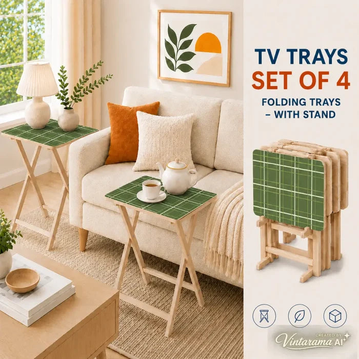 Checkered Green White Retro TV Trays Set of 4 with Wooden Storage Rack - 4 Pack - retro tv tray