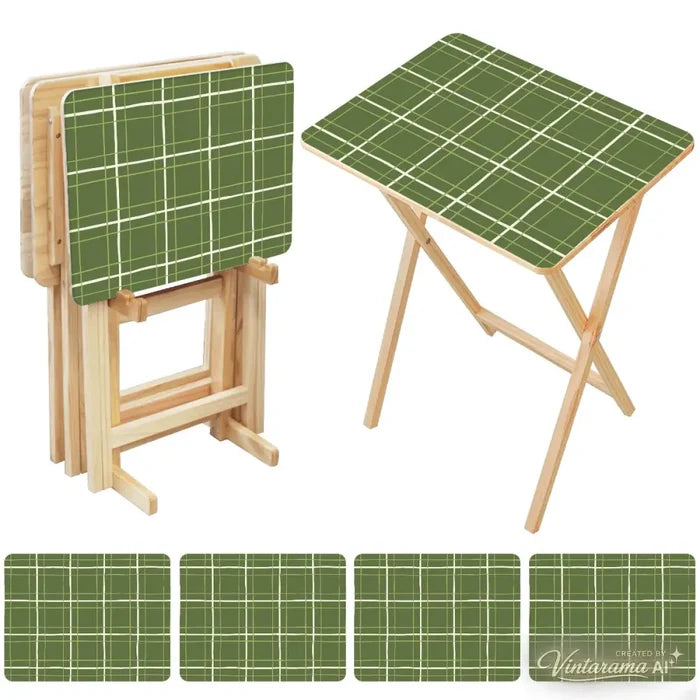 Checkered Green White Retro TV Trays Set of 4 with Wooden Storage Rack - 4 Pack - retro tv tray