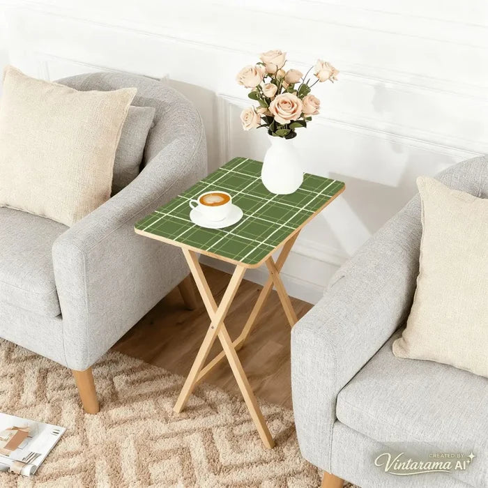 Checkered Green White Retro TV Trays Set of 4 with Wooden Storage Rack - 4 Pack - retro tv tray