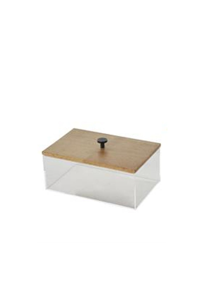 Clear Acrylic Plastic Decorative Box with Brown Wooden Lids and Black Knobs
