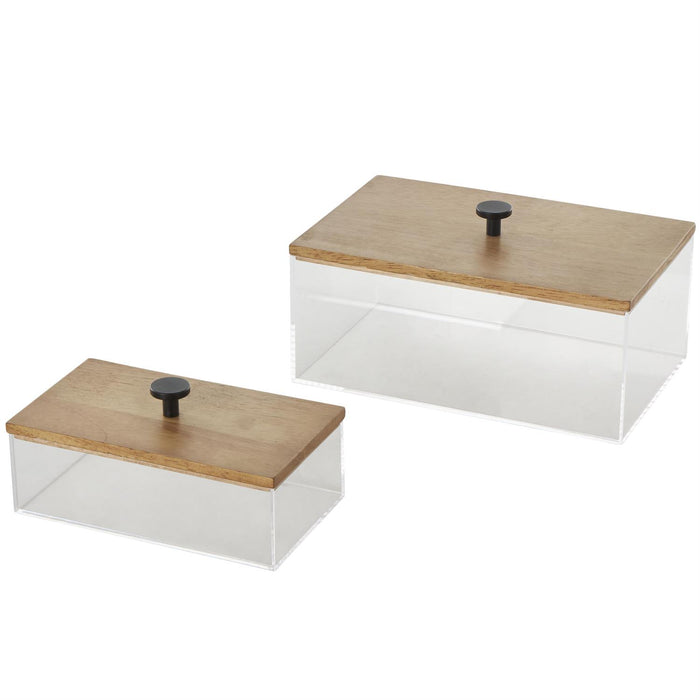 Clear Acrylic Plastic Decorative Box with Brown Wooden Lids and Black Knobs