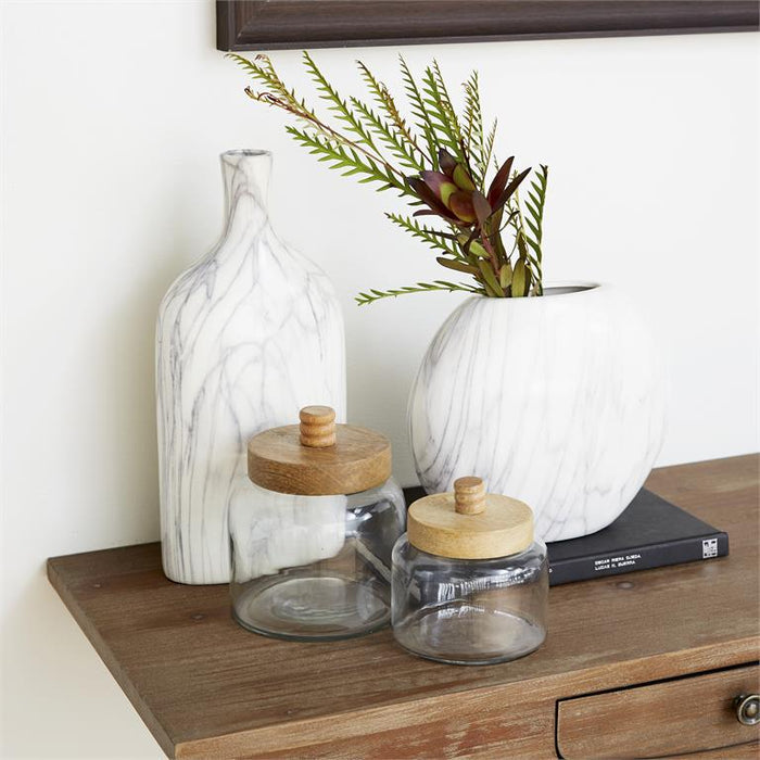 CLEAR GLASS CANISTERS WITH WOOD LIDS,