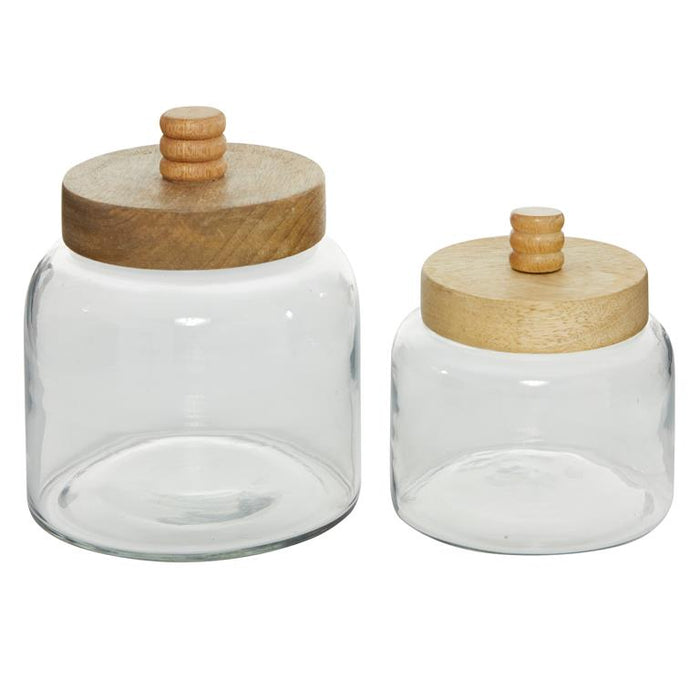 CLEAR GLASS CANISTERS WITH WOOD LIDS,