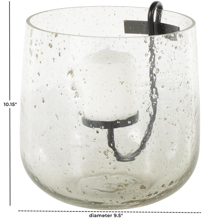 Clear Glass Decorative Candle Holder with Black Metal Accents and Brown Speckles