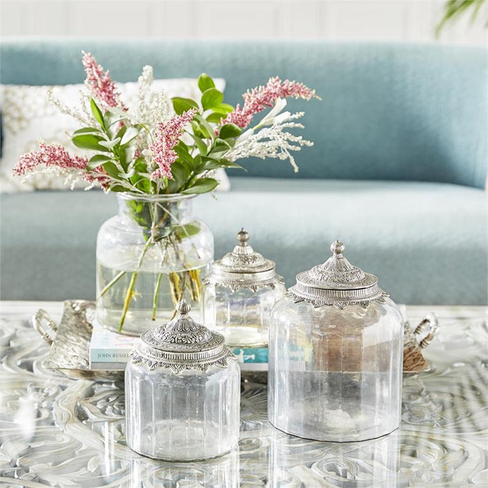 CLEAR GLASS DECORATIVE JARS WITH ENGRAVED SILVER LIDS