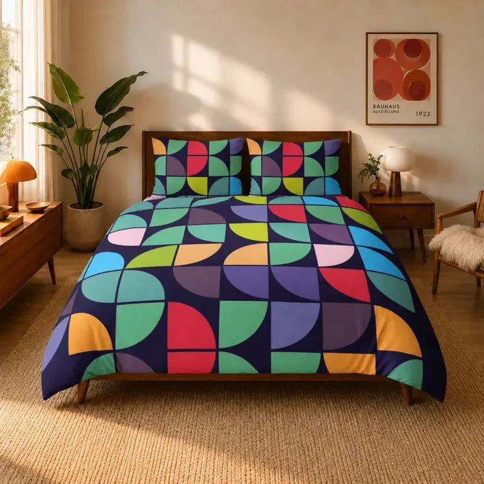 Colorful Geometric Mid Century Duvet Cover Set – Retro Double Sided Printed