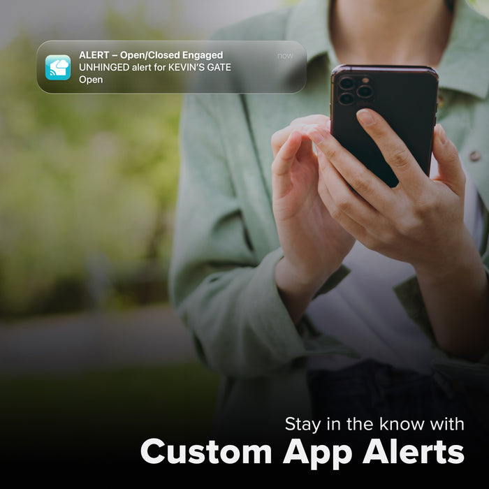 La Crosse Technology Alert and Monitoring system with a male receiving a message on their smartphone of an alert that their open close contact sensor detected a gate had opened with text that says stay in the know with Custom Alerts