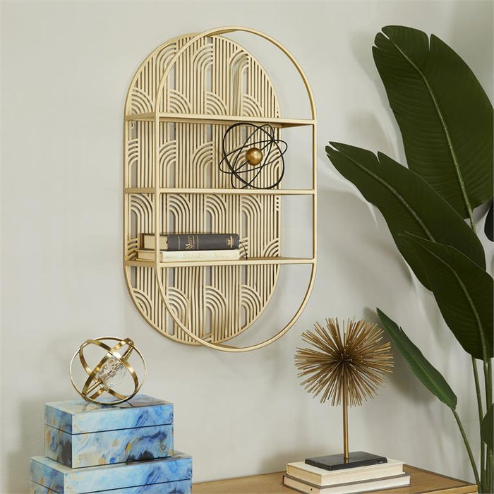 COSMOLIVING BY COSMOPOLITAN GOLD METAL OVAL 3 SHELF WALL SHELF
