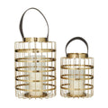 COSMOLIVING BY COSMOPOLITAN GOLD METAL PILLAR CANDLE LANTERN WITH LEATHER STRAPS