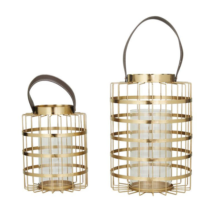 COSMOLIVING BY COSMOPOLITAN GOLD METAL PILLAR CANDLE LANTERN WITH LEATHER STRAPS