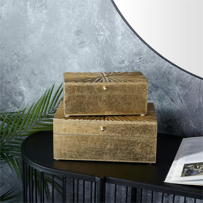 COSMOLIVING BY COSMOPOLITAN GOLD WOOD GEOMETRIC BOX WITH HINGED LID