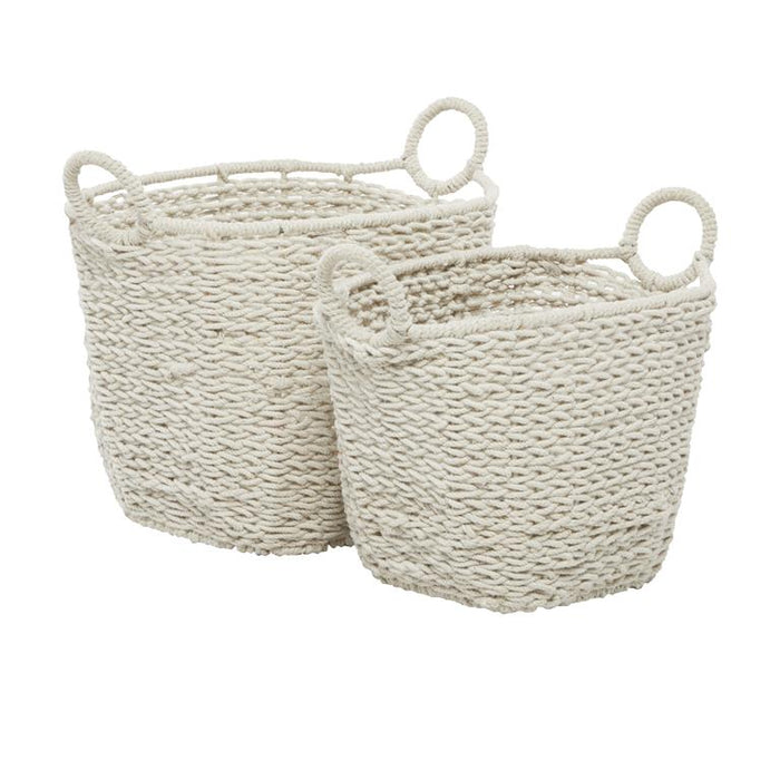 COSMOLIVING BY COSMOPOLITAN WHITE COTTON HANDMADE STORAGE BASKET WITH HANDLES