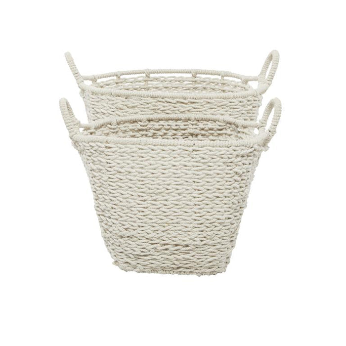 COSMOLIVING BY COSMOPOLITAN WHITE COTTON HANDMADE STORAGE BASKET WITH HANDLES