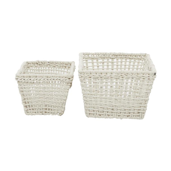 COSMOLIVING BY COSMOPOLITAN WHITE COTTON HANDMADE STORAGE BASKET WITH HANDLES