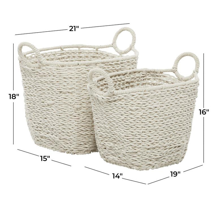 COSMOLIVING BY COSMOPOLITAN WHITE COTTON HANDMADE STORAGE BASKET WITH HANDLES