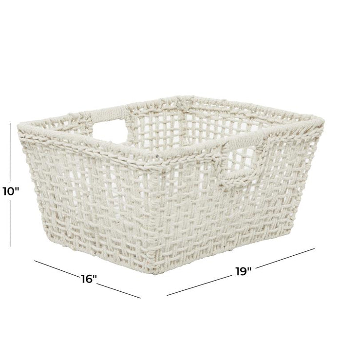 COSMOLIVING BY COSMOPOLITAN WHITE COTTON HANDMADE STORAGE BASKET WITH HANDLES