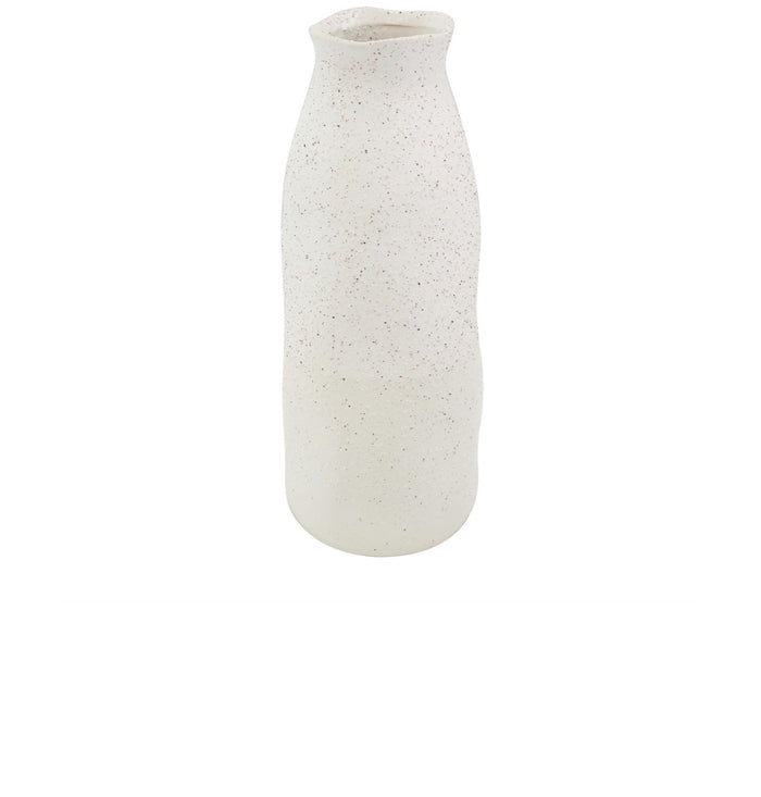 CREAM CERAMIC ABSTRACT WAVY VASE WITH TEXTURED SPECKLED DETAILING, 6" X 6" X 16"
