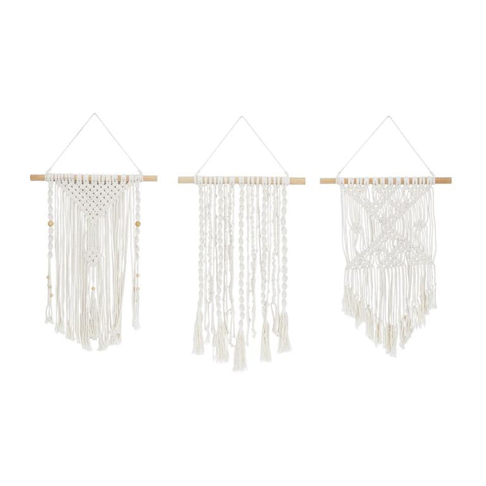 CREAM COTTON MACRAME HANDMADE INTRICATELY WEAVED WALL DECOR WITH BEADED FRINGE TASSELS