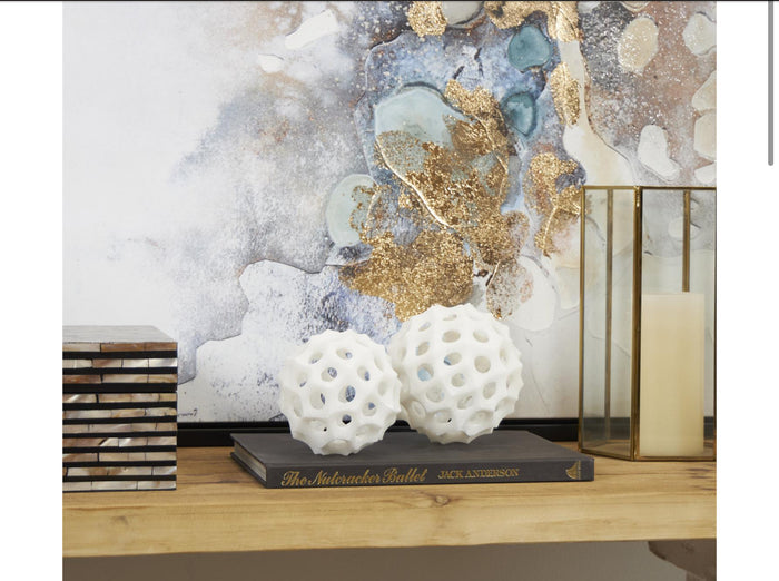 CREAM POLYSTONE ABSTRACT DECORATIVE BALL ORBS & VASE FILLER, SET OF 2 5", 4"D