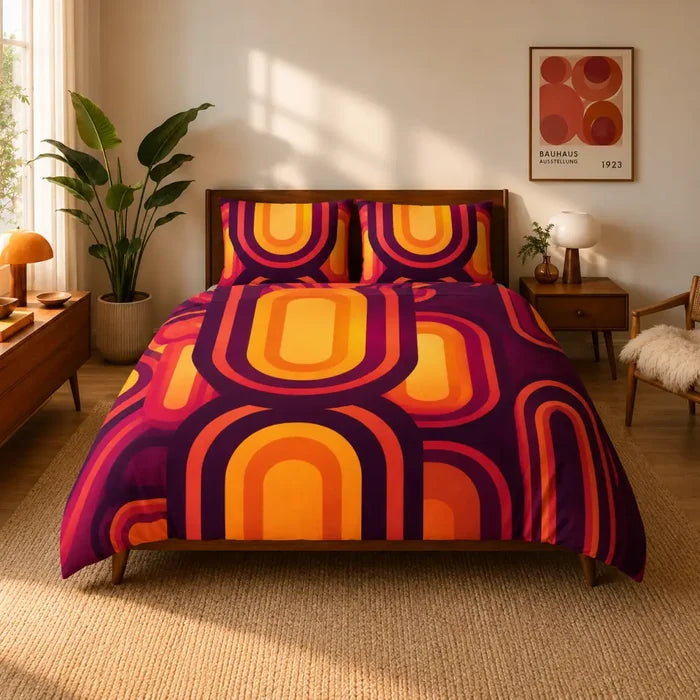 Double Sided Printed Retro 70s Orange Midcentury Duvet Cover Set - Bedding - retro