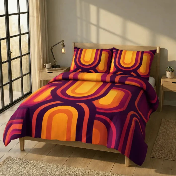 Double Sided Printed Retro 70s Orange Midcentury Duvet Cover Set - Bedding - retro