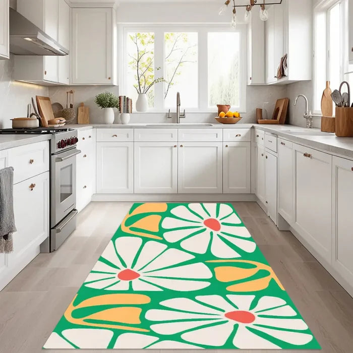 Floral Green White Yellow Midcentury Rug – No Tassels Retro 70s Home Decor - retro rug