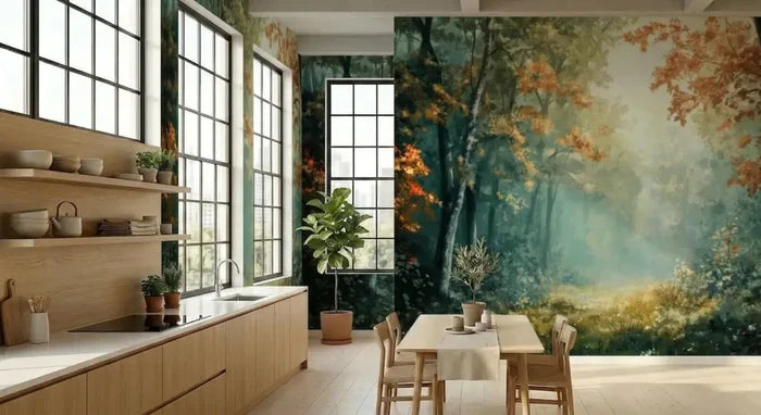 Foggy Tree Path Oil Painting Full-Wall Peel & Stick Wallpaper - Custom Sizes - 144’’x100’’ - retro wallpaper