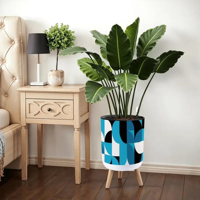 Geometric Pattern 60s Retro Nordic Style Plant Pot with Wooden Legs - retro plant pot