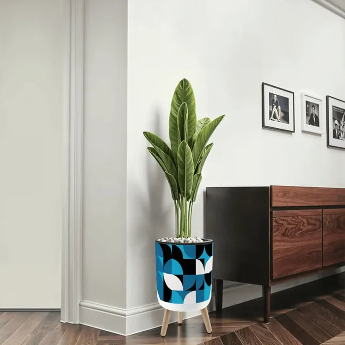 Geometric Pattern 60s Retro Nordic Style Plant Pot with Wooden Legs - retro plant pot