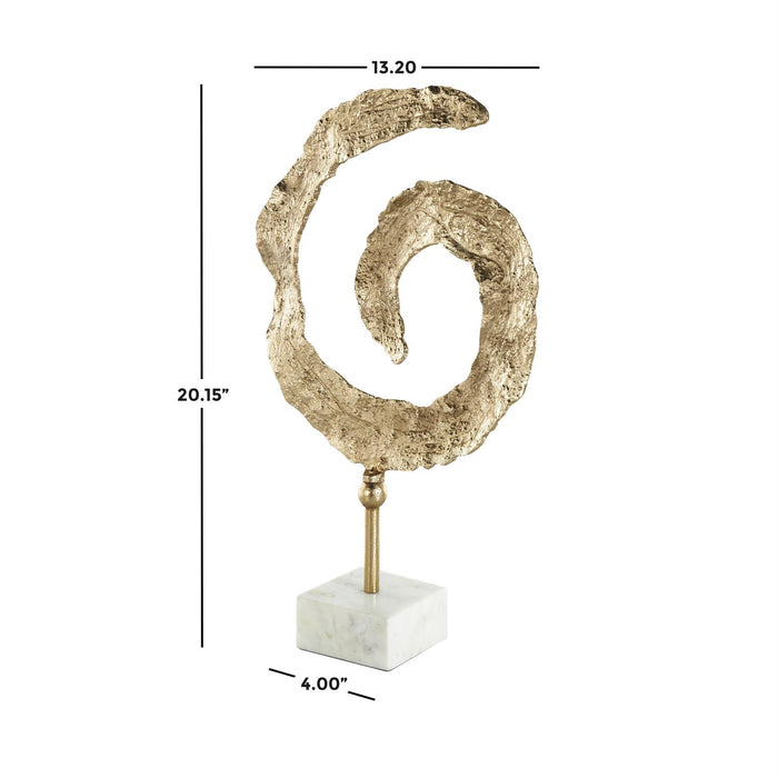 Gold Aluminum Metal Abstract Textured Spiral Decorative Sculpture with Marble Base