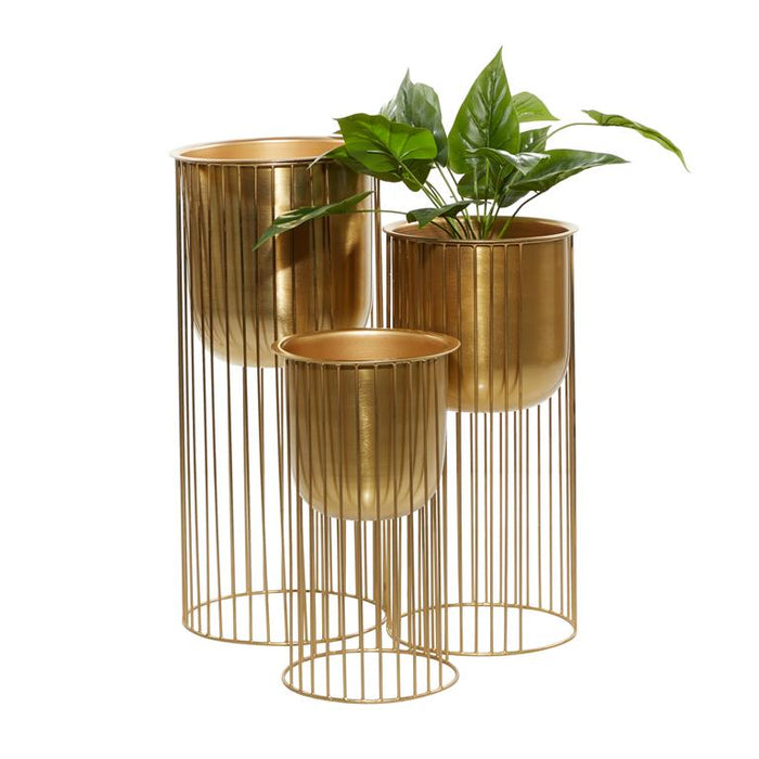 GOLD METAL DEEP RECESSED DOME PLANTER WITH ELEVATED CAGED STAND