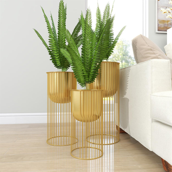 GOLD METAL DEEP RECESSED DOME PLANTER WITH ELEVATED CAGED STAND